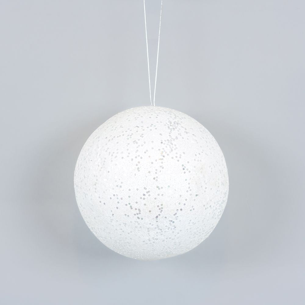 8" White Glitter Ball Ornament