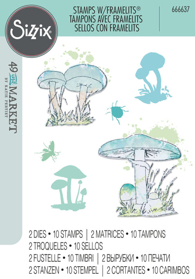 A5 Clear Stamps Set 10PK w/2PK Framelits Die Painted Pencil Mushrooms by 49 and Market - Sizzix