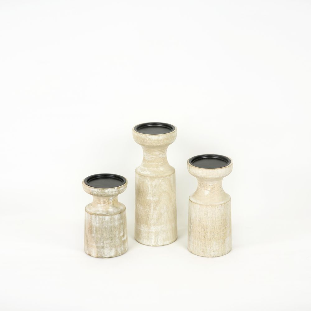 Mango Wood Pillar Candle Holders - Set of 3