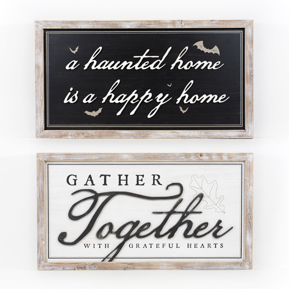 Reversible Wood Framed Sign - Haunted Home/Gather Together
