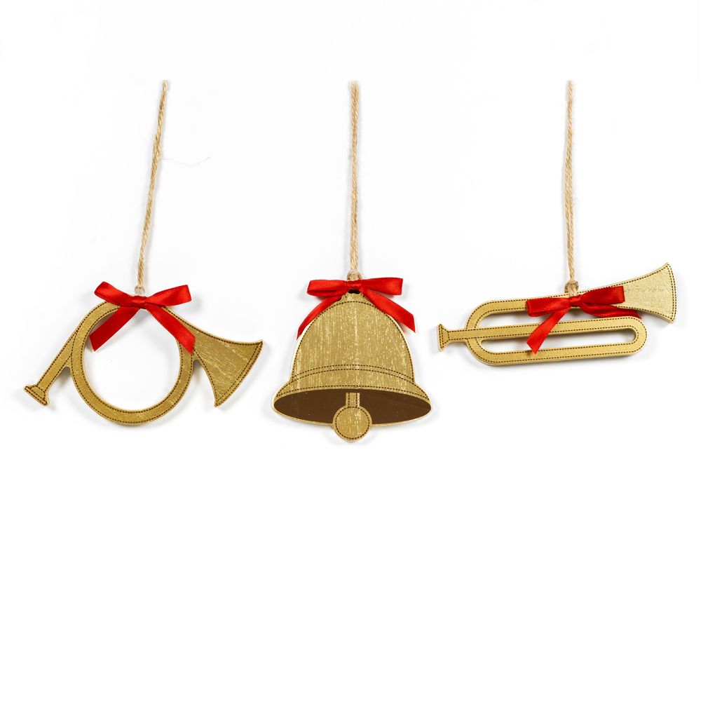 Wooden Christmas Ornaments - Horn & Bell Set