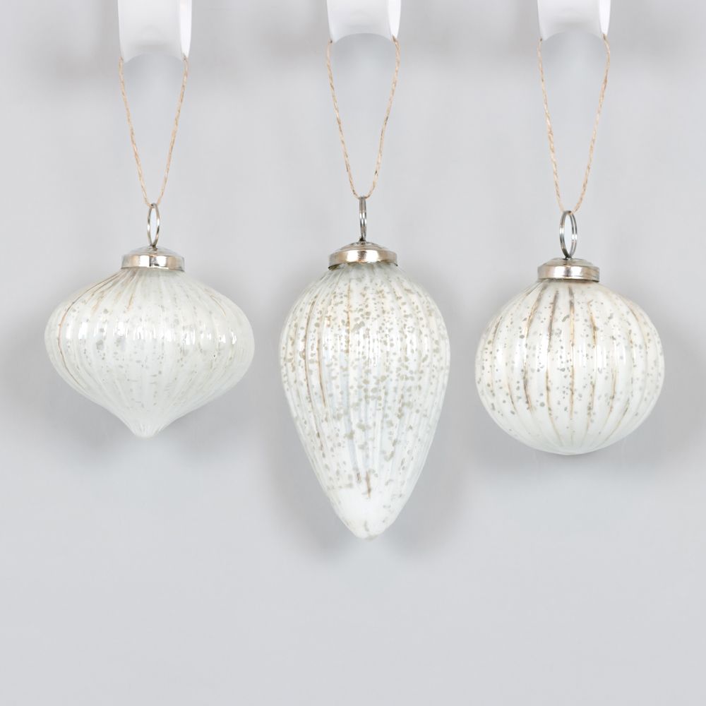 White Glass Ornaments Set of 3