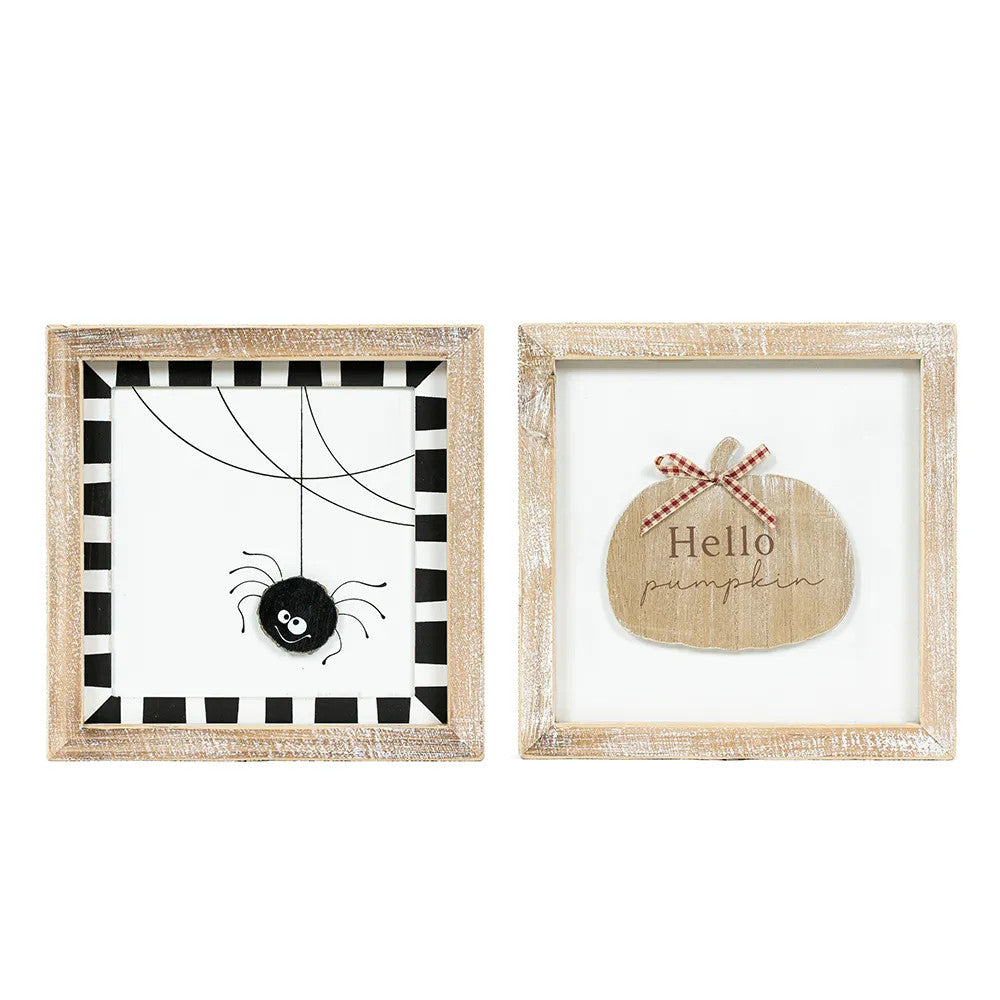 9x9 Reversible Wood Frame Sign - Spider/Pumpkin