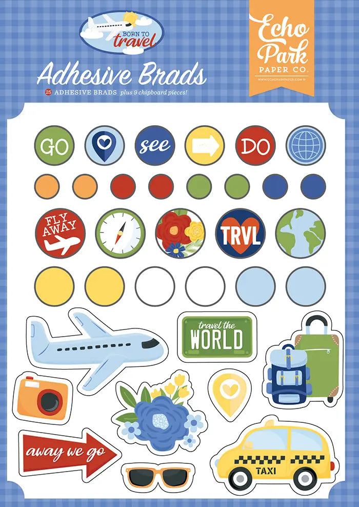 Born To Travel Adhesive Brads - Echo Park