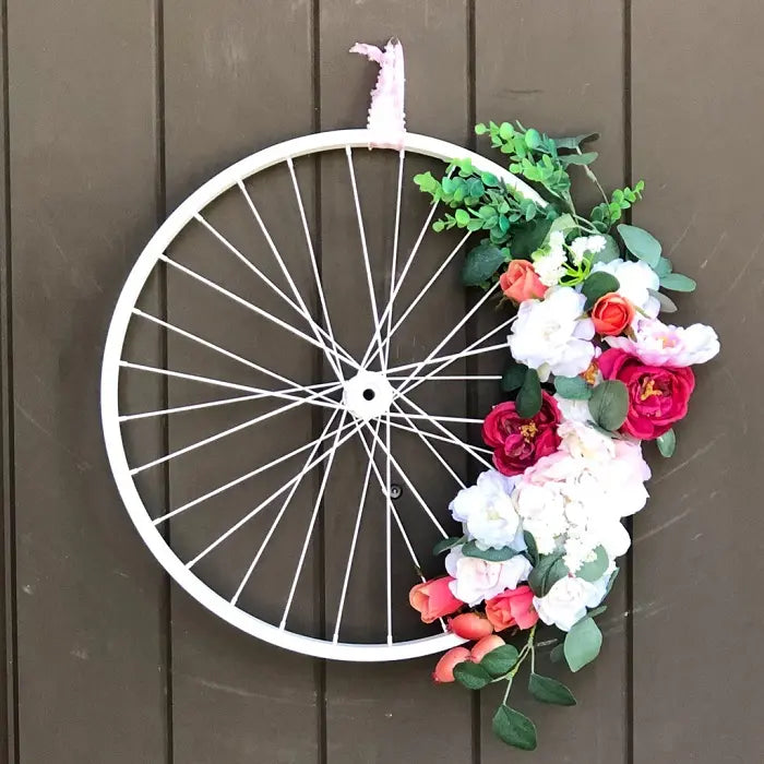 View 2 of Vintage Chic White Bicycle Wheel Wreath - Foundations Decor