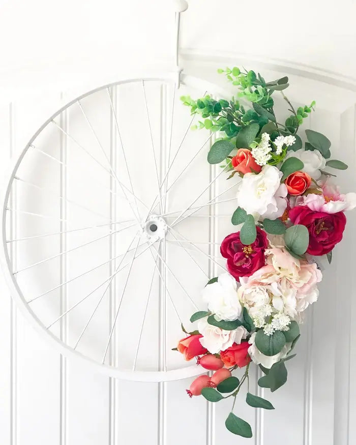 View 3 of Vintage Chic White Bicycle Wheel Wreath - Foundations Decor