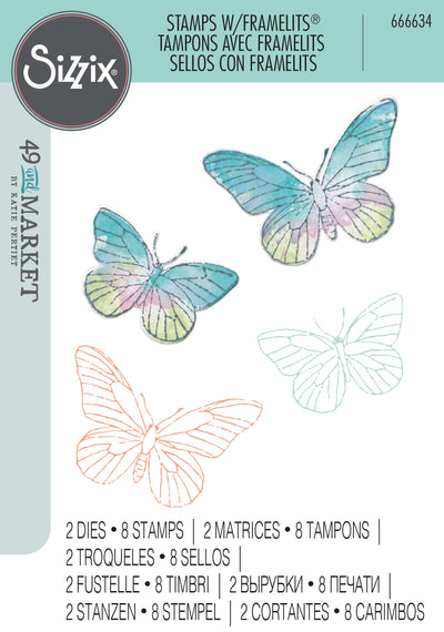 A5 Clear Stamps Set 8PK w/2PK Framelits Die Painted Pencil Butterflies by 49 and Market - Sizzix