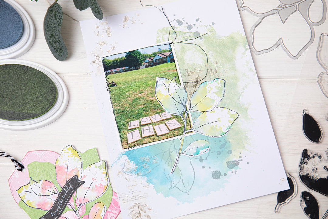 A5 Clear Stamps Set 11PK w/Framelits Die Painted Pencil Leaves by 49 and Market - Sizzix