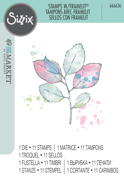 A5 Clear Stamps Set 11PK w/Framelits Die Painted Pencil Leaves by 49 and Market - Sizzix