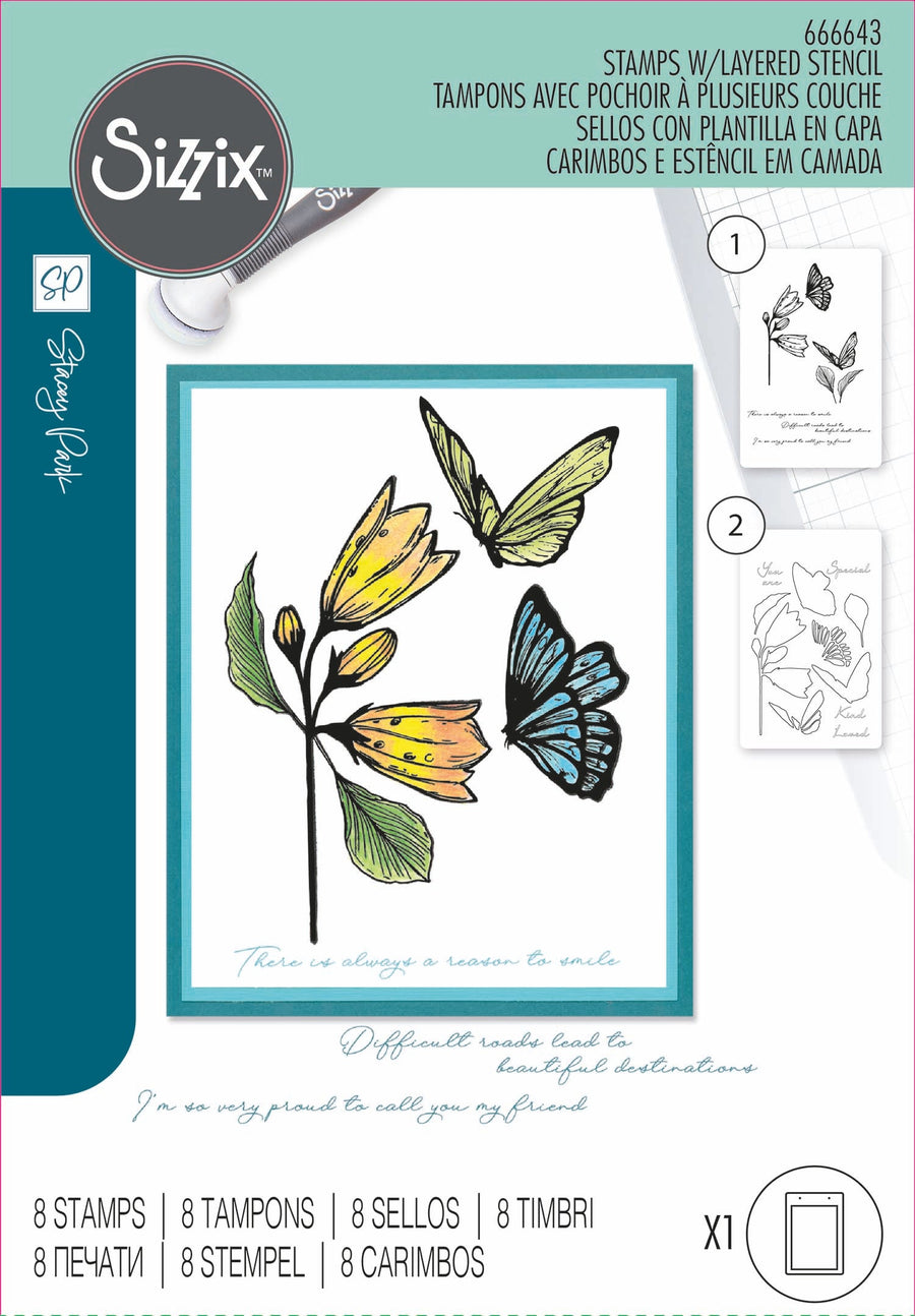 Farfallina A5 Stamps w/Stencil (Cosmopolitan Series) by Stacey Park - Sizzix