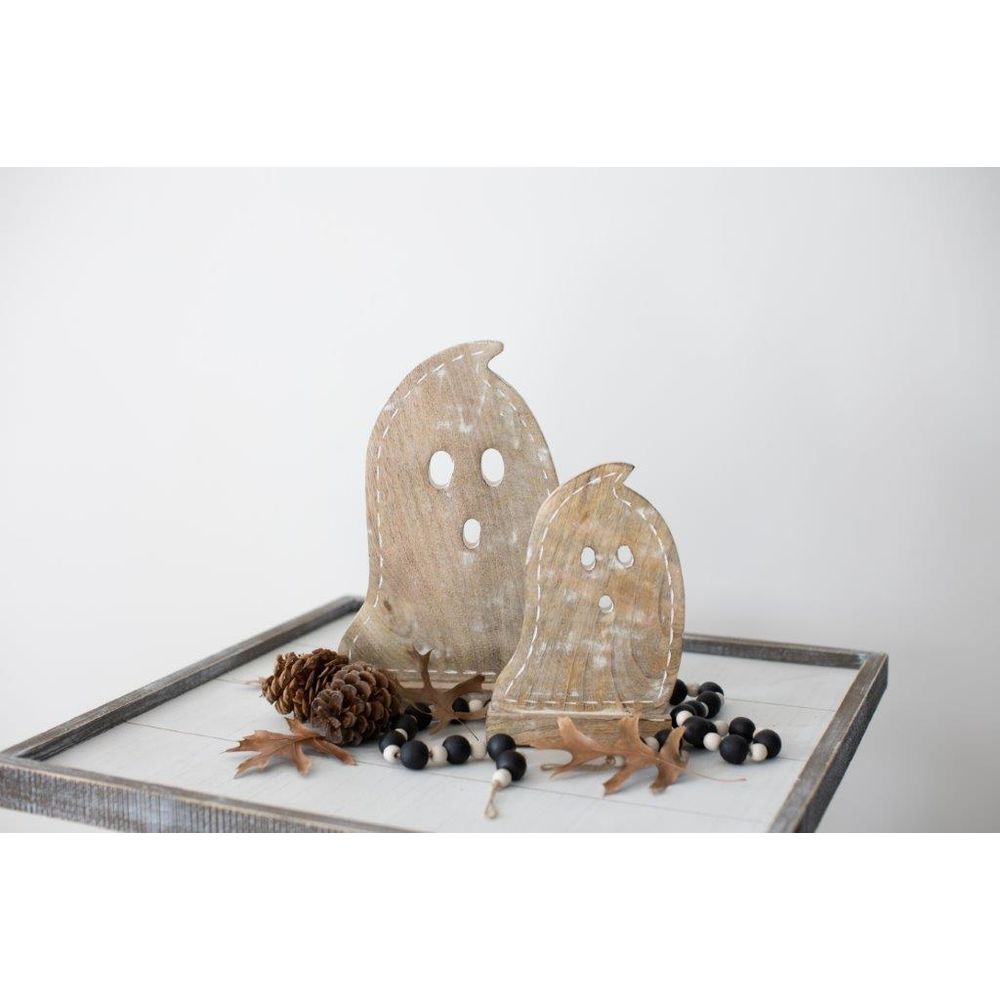 Mango Wood Ghost Cutouts on Stand - Set of 2