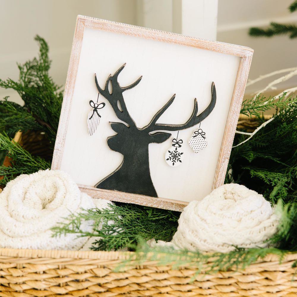 11x11 Reversible Wood Frame Sign - Deer and House Design