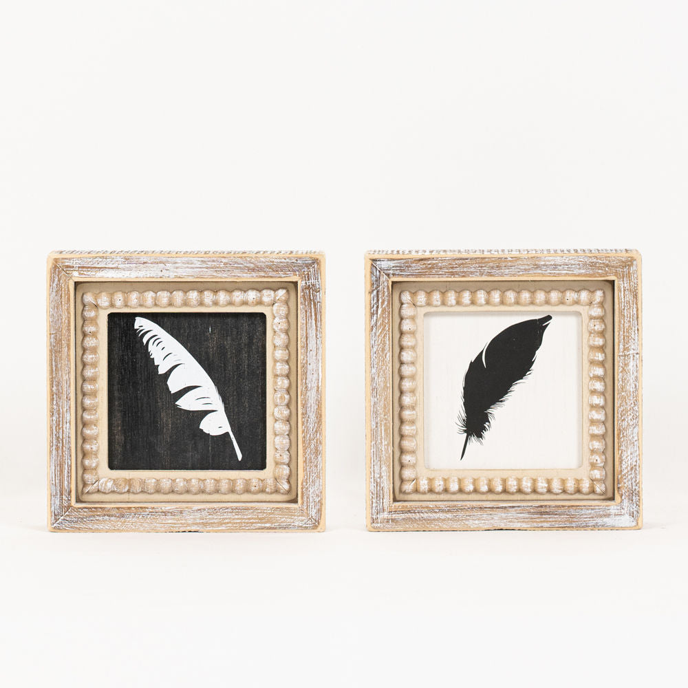 6x6 Reversible Wood Beaded Frame Sign - Feather