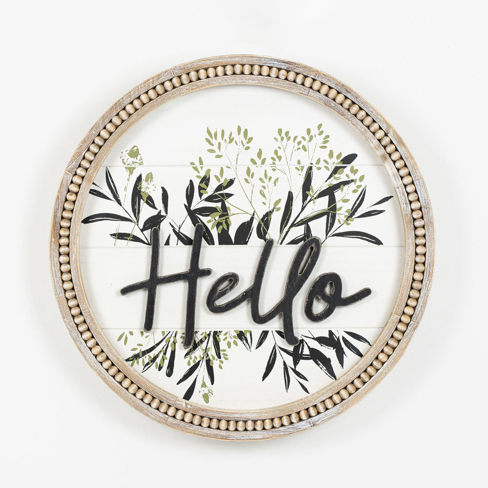 19" Round Wood Beaded 'Hello' Sign