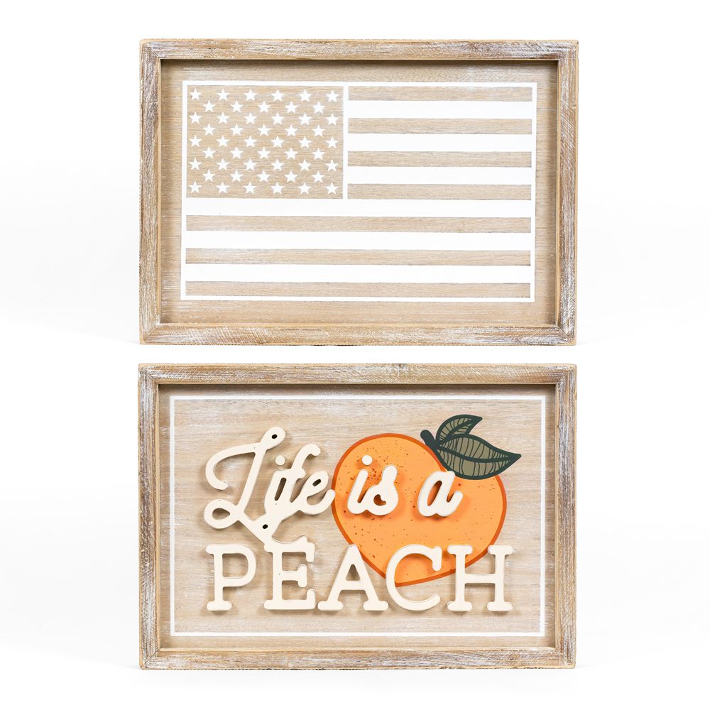 Reversible Wood Frame Sign - Peaches & American Flag