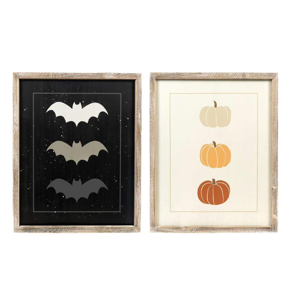 Reversible Bat & Pumpkin Wood Frame Sign