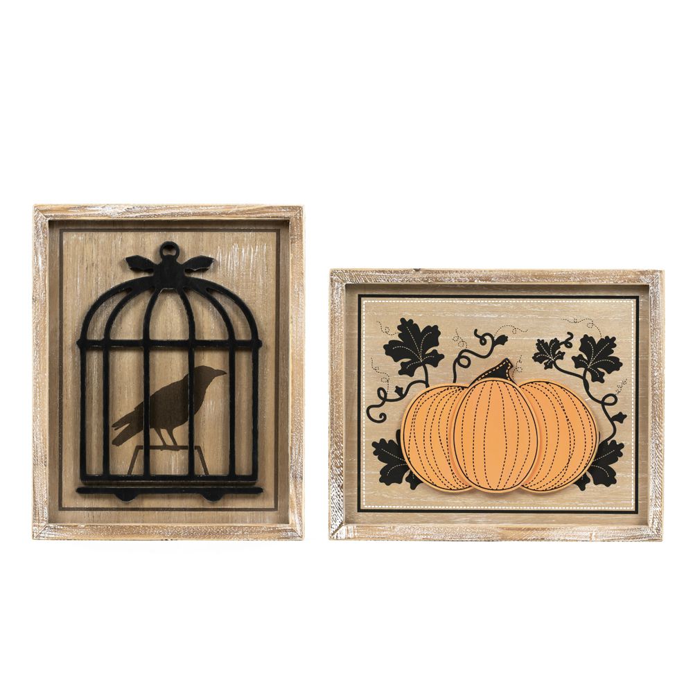 10x13 Reversible Wood Frame Sign - Cage and Pumpkin