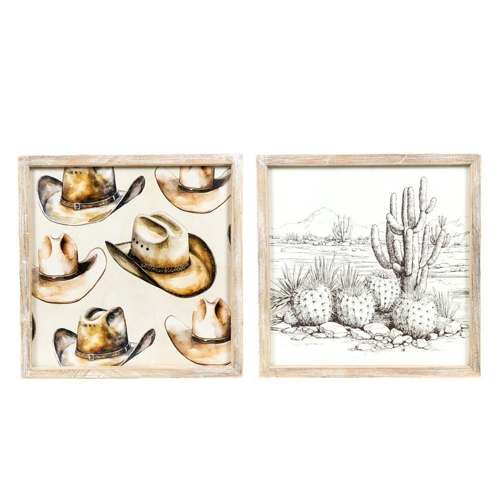 17" Reversible Wood Frame Sign - Cowboy Hat & Cactus