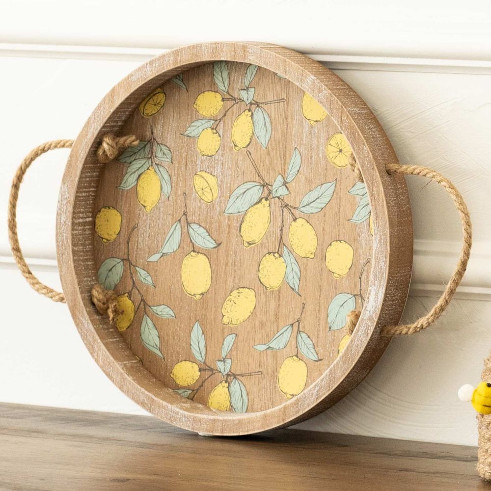 12x12 Round Wood Tray with Lemons
