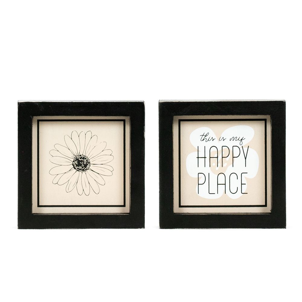 Reversible Wood Frame Sign - Flower/Happy