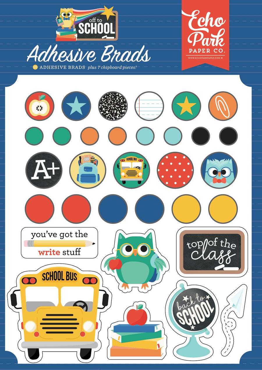 Off To School Adhesive Brads - Echo Park