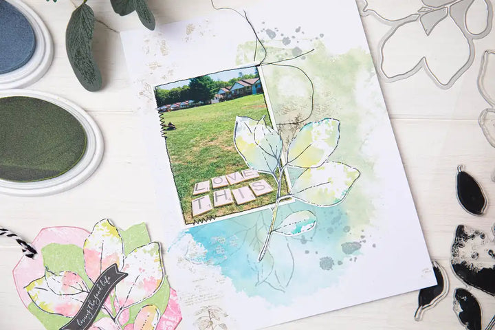 A5 Clear Stamps Set 11PK w/Framelits Die Painted Pencil Leaves by 49 and Market - Sizzix