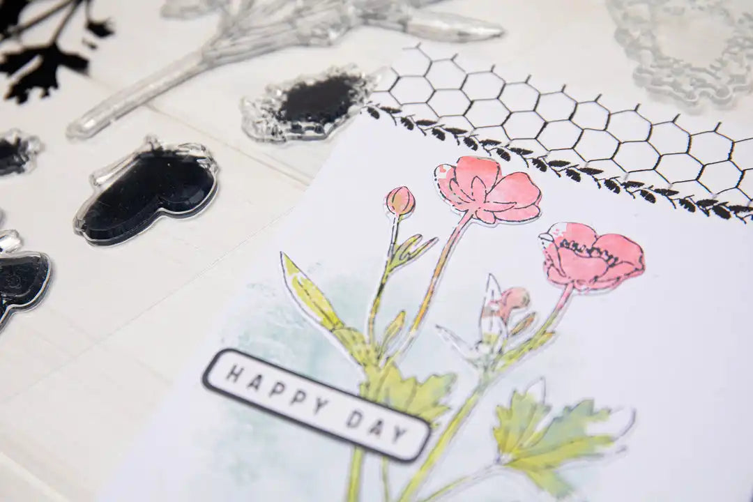 A5 Clear Stamps Set 7PK w/Framelits Die Set Painted Pencil Botanical by 49 and Market - Sizzix