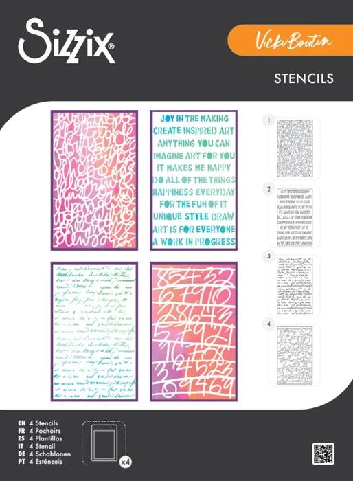 A5 Stencil (4 pack) Words and Numbers by Vicki Boutin - Sizzix