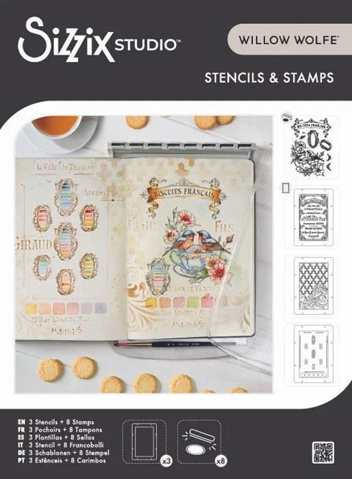 Birds and Biscuits Studio Clear Stamp Set (4 pack) w/ Stencils (3 pack) by Willow Wolfe - Sizzix