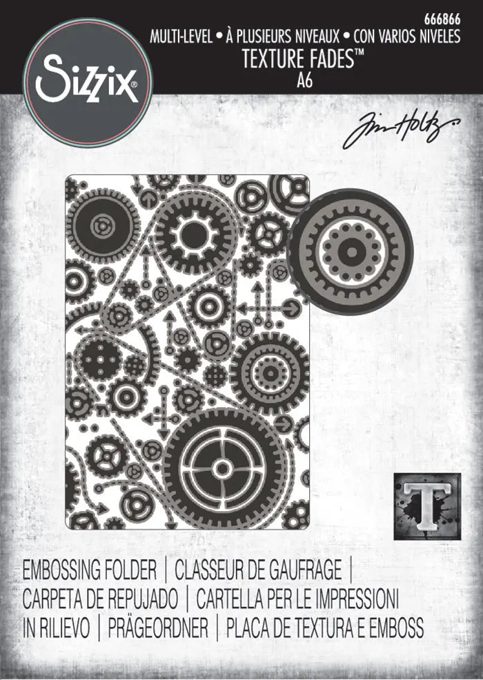 Gears Multi Level Textured Impressions Embossing Folder - Back from the Vault by Tim Holtz - Sizzix