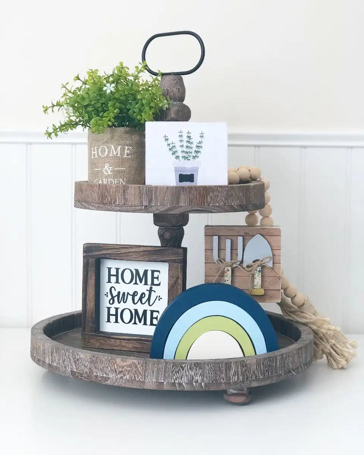 Home & Garden Burlap Bag & Spring Flowers - Tiered Tray Decor - Foundations Decor