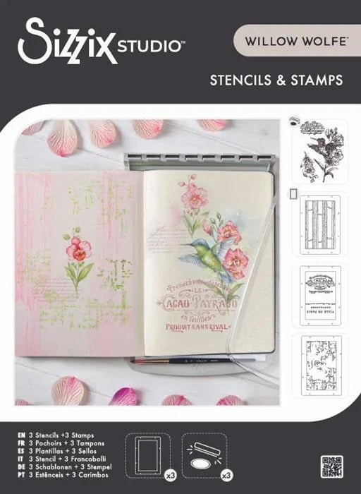 Hummingbird and Orchids Studio Clear Stamp Set (3 pack) w/ Stencils (3 pack) by Willow Wolfe - Sizzix