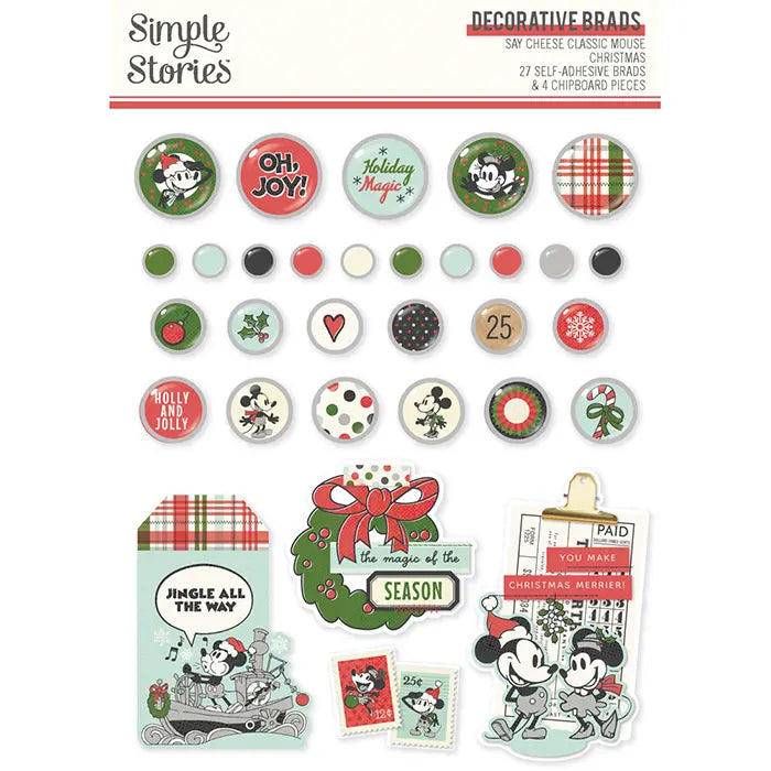 Say Cheese Classic Mouse Christmas Decorative Brads - Simple Stories