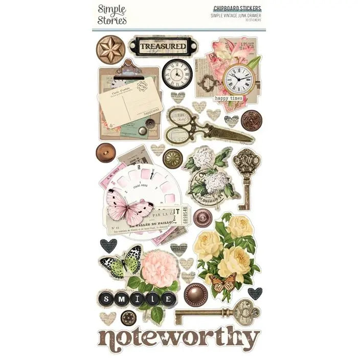 Simple Vintage Junk Drawer Chipboard Stickers, 6" x 12" - Simple Stories