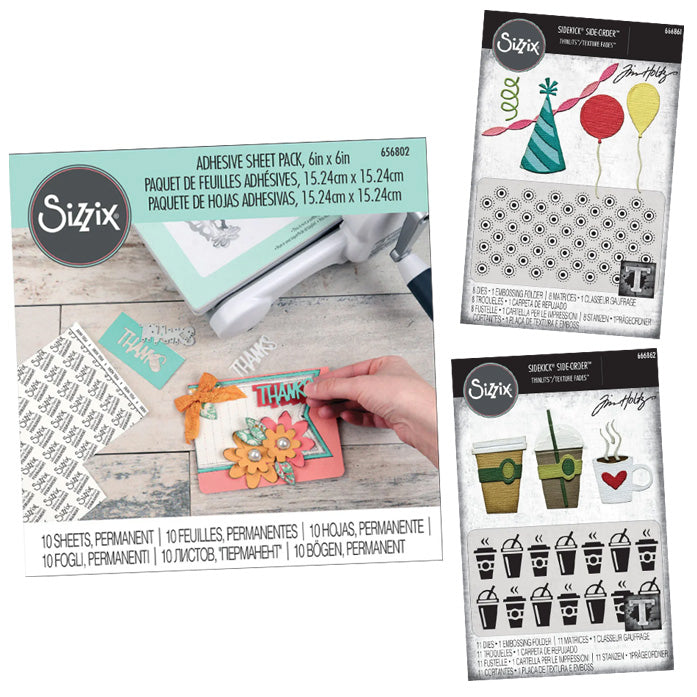 Tim Holtz Crafting Bundle - Fresh Brewed & Celebrate Thinlits with Adhesive Sheets