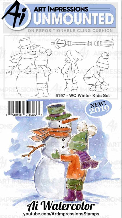 Winter Kids Set Watercolor Cling Cushion Rubber Stamps - Art Impressions