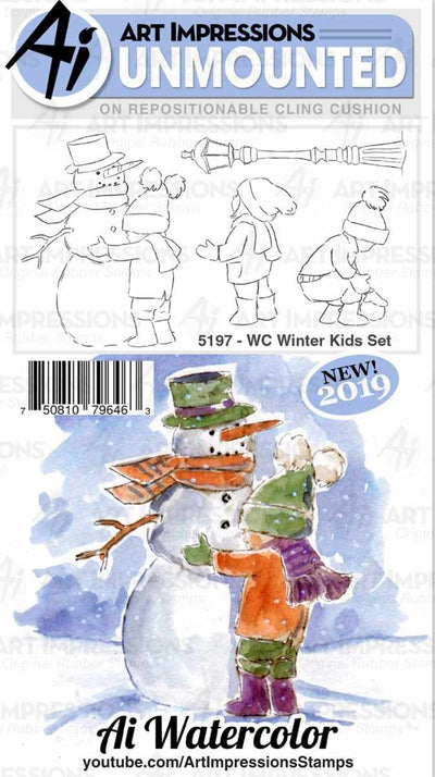 Winter Kids Set Watercolor Cling Cushion Rubber Stamps - Art Impressions