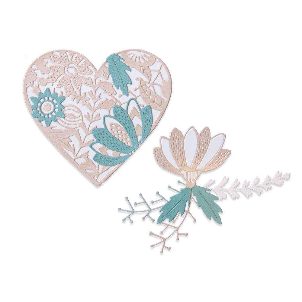 Sizzix 664492 Set Thinlits Fustelle Cuore Floreale - 9 Pezzi Per Scrapbooking E Biglietti, Disegno Jenna Rushforth