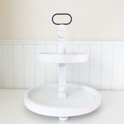 Round Tiered Tray in Distressed White, 15" - Foundations Decor