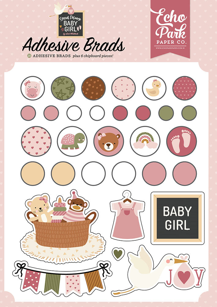 Special Delivery Baby Girl Adhesive Brads - Echo Park