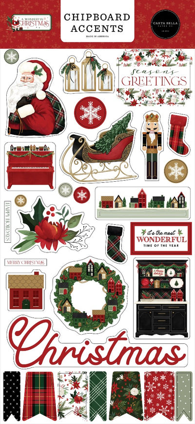 A Wonderful Christmas 6x13 Chipboard Accents - Carta Bella