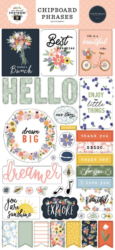Chipboard Phrases Embellishments, 6x13 - Here, There, and Everywhere - Carta Bella Paper