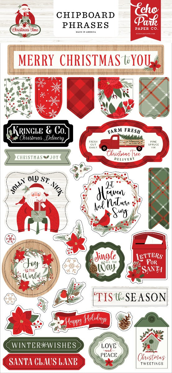 Christmas Time 6x13 Chipboard Phrases- Echo Park
