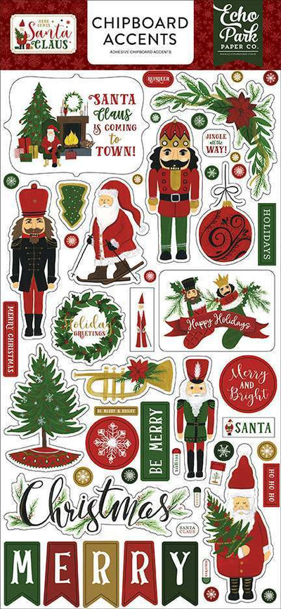 Here Comes Santa Claus 6" x 13" Chipboard Accent Stickers - Echo Park