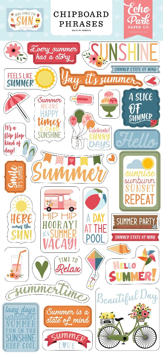 Chipboard Phrases, 6x13 - Here Comes the Sun Collection - Echo Park