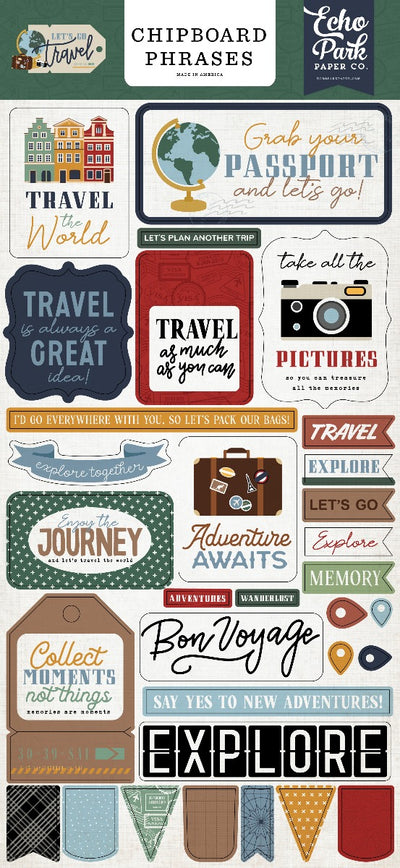 Chipboard Phrases - Let's Go Travel Collection - Echo Park